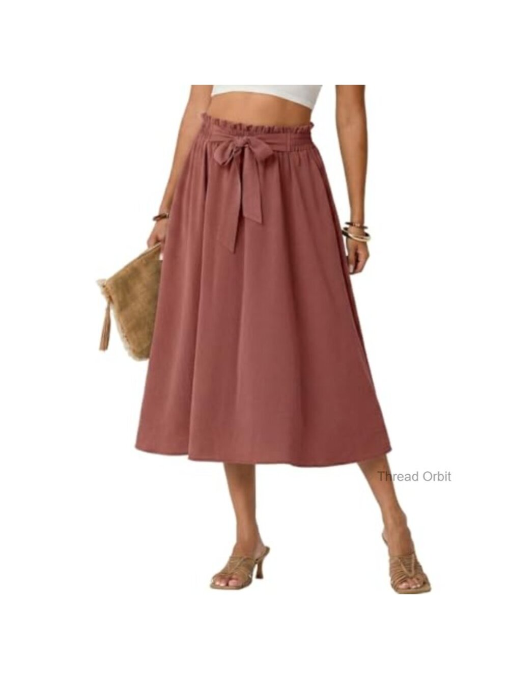 High Waisted Flowy Midi Skirt with Pockets Tie Waist Summer Beach